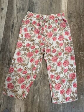 Joie Pink Linen Floral Wide Leg Baggy Pants Elastic Waist Sz Xl